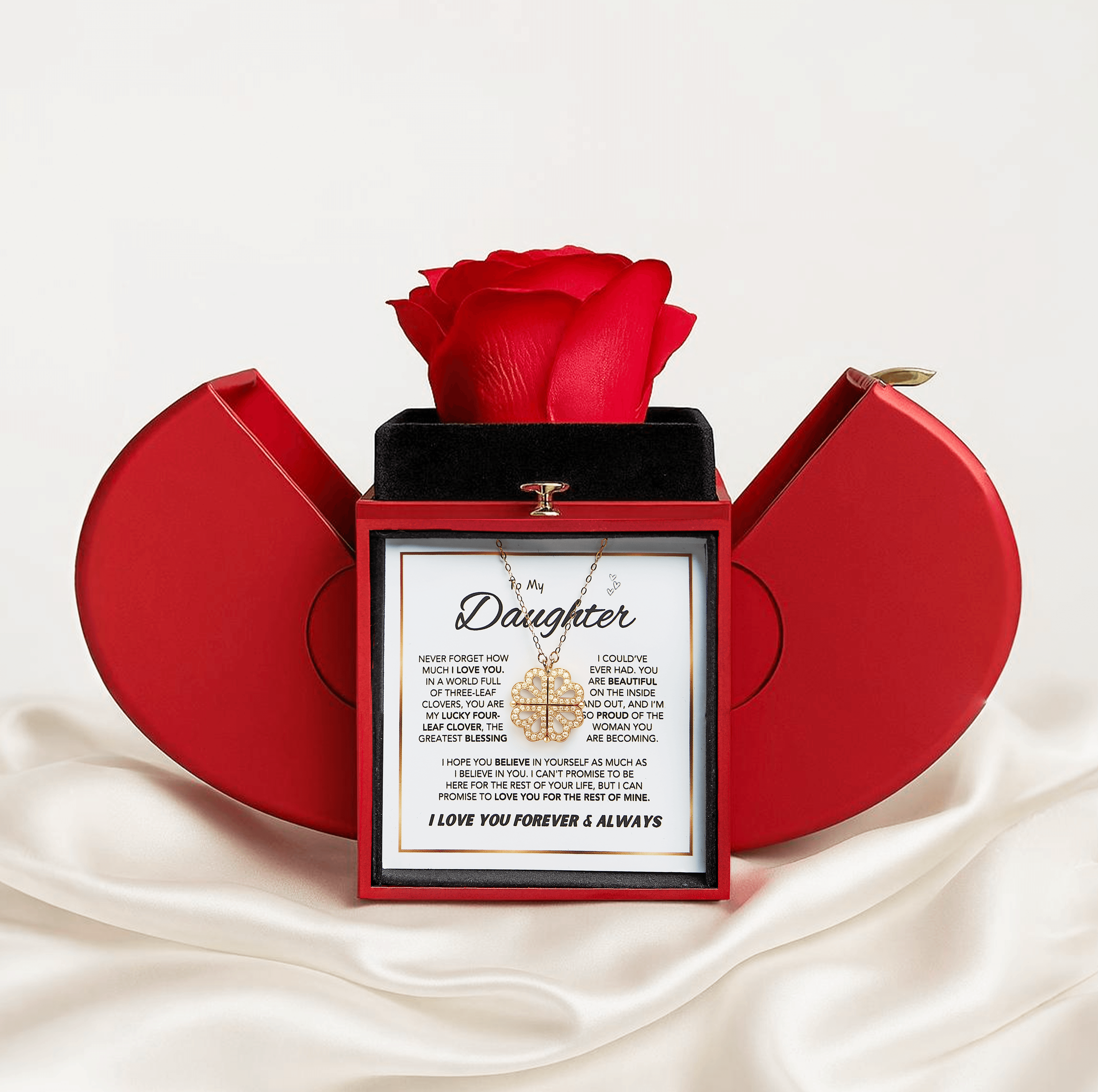 Daughter's 4-Leaf Clover "Lucky Charm" Necklace and Forever Rose Gift Box