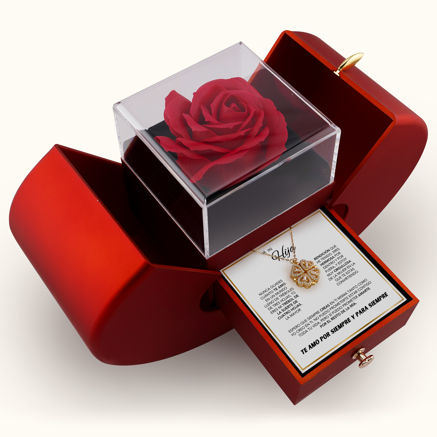 Collar trébol de 4 hojas suerte y caja con rosa eterna