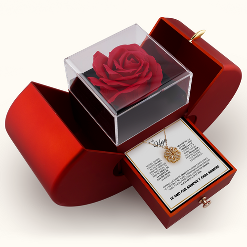 Collar trébol de 4 hojas suerte y caja con rosa eterna