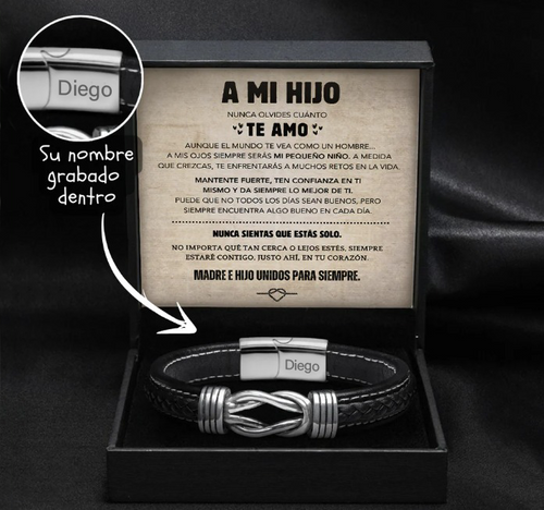 Brazalete con nudo infinito para hijo – Set de regalo con nombre grabado.