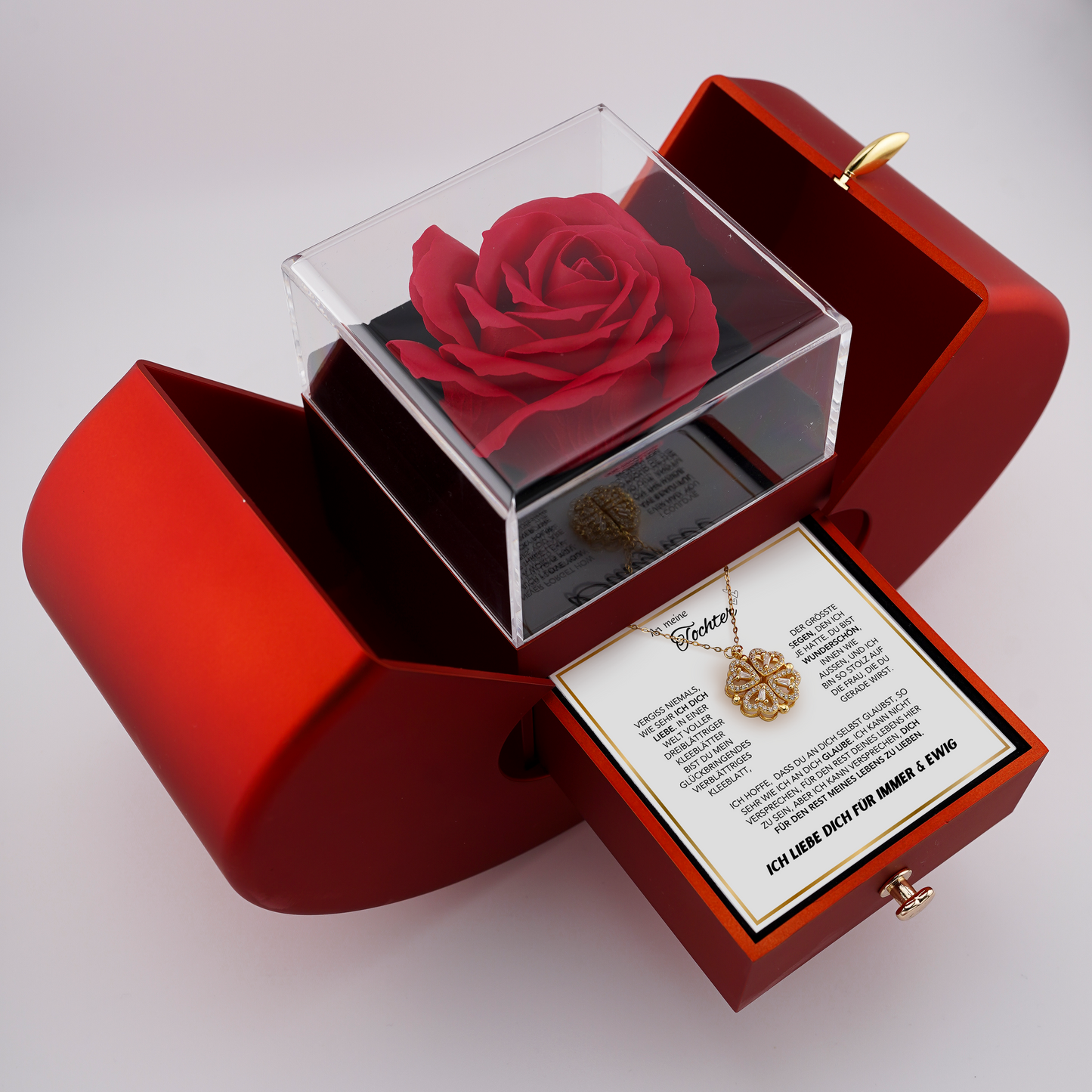 4-Blättrige Kleeblatt-Halskette „Glücksbringer“ mit Geschenkbox Ewige Rose