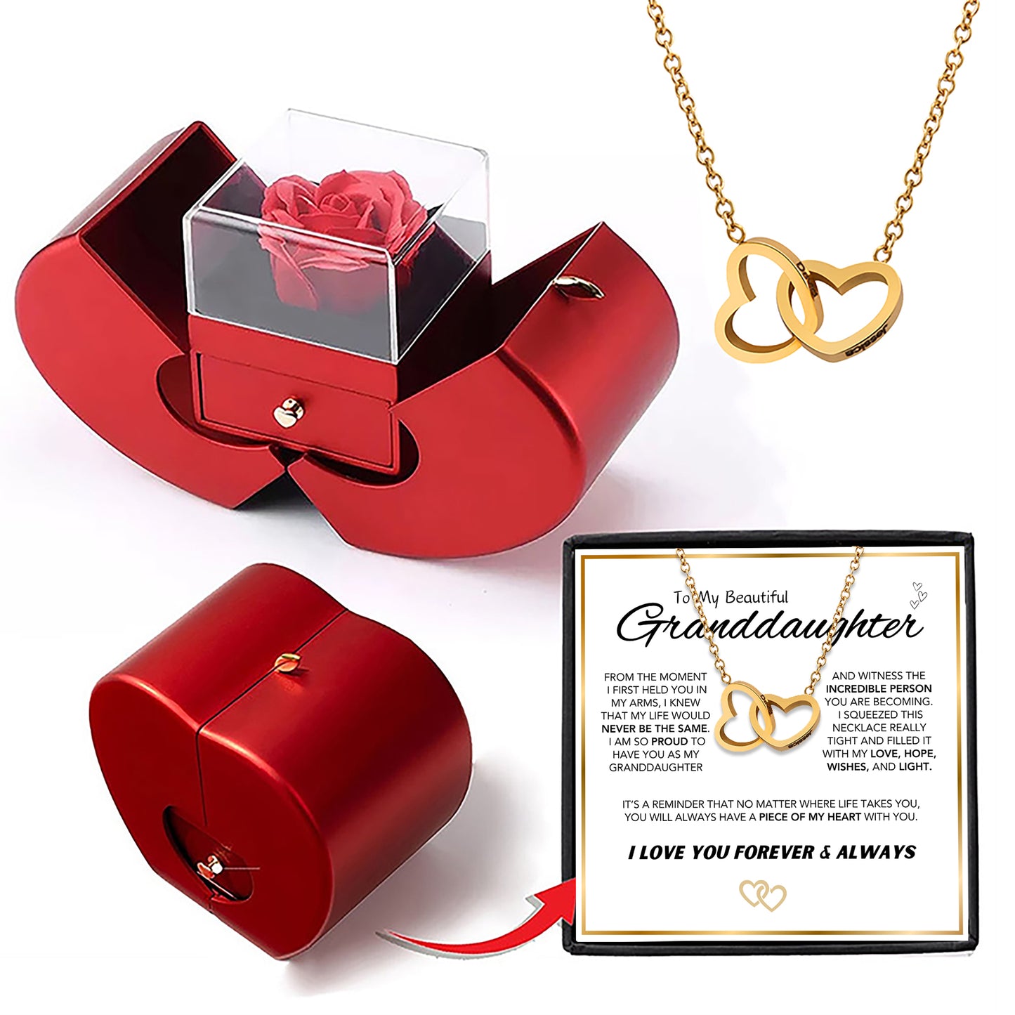 Love's Embrace Granddaughter Interlocking Heart Necklace and Apple Gift Box