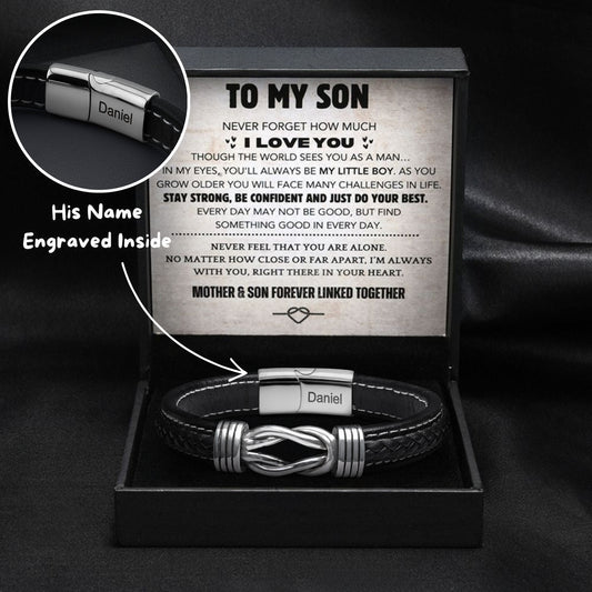 Son's Infinity Knot Bracelet Gift Set with Engraved Name