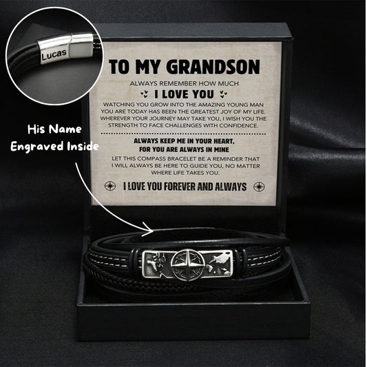 Grandson's Compass Personalized Bracelet Gift Set