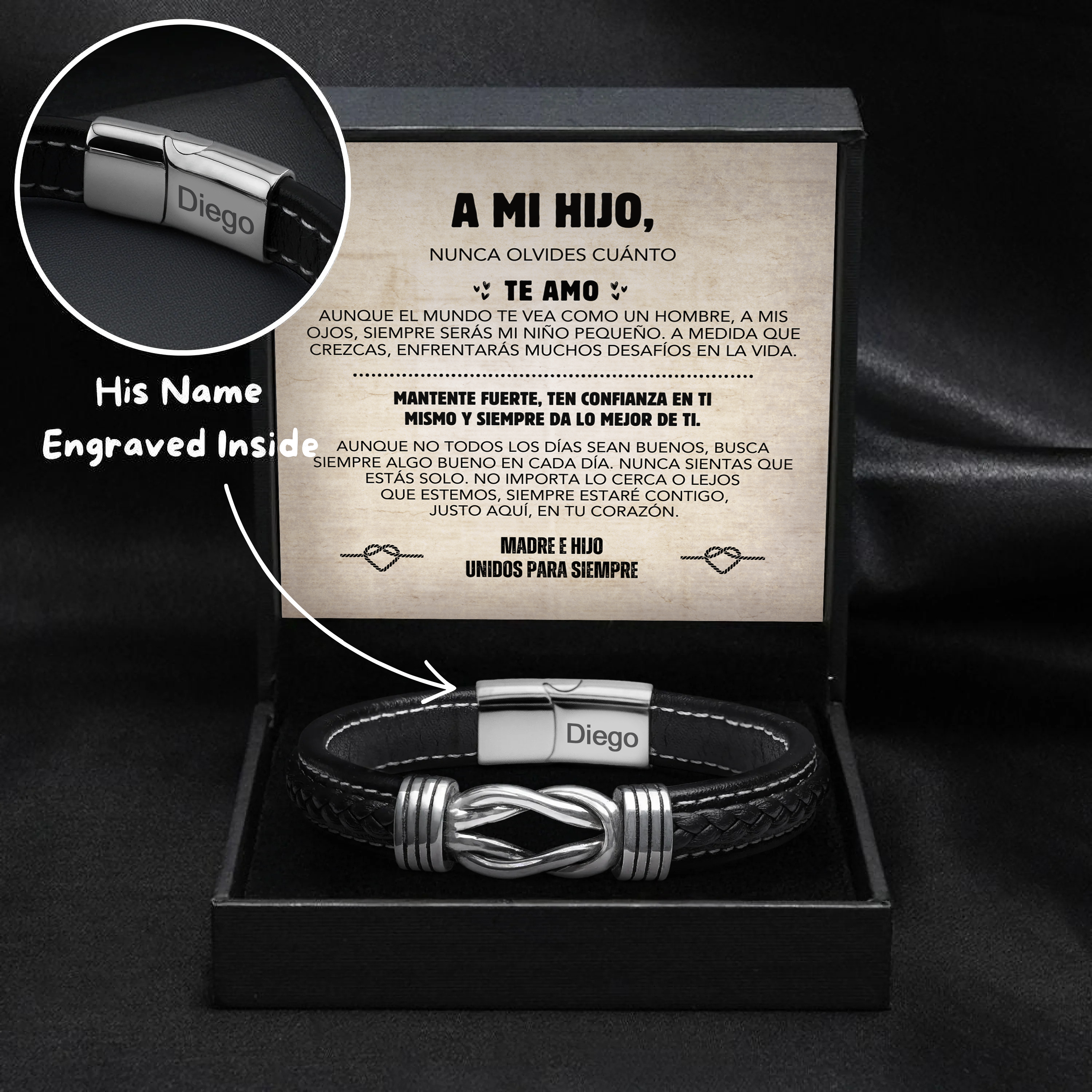 Brazalete con nudo infinito para hijo – Set de regalo con nombre grabado.