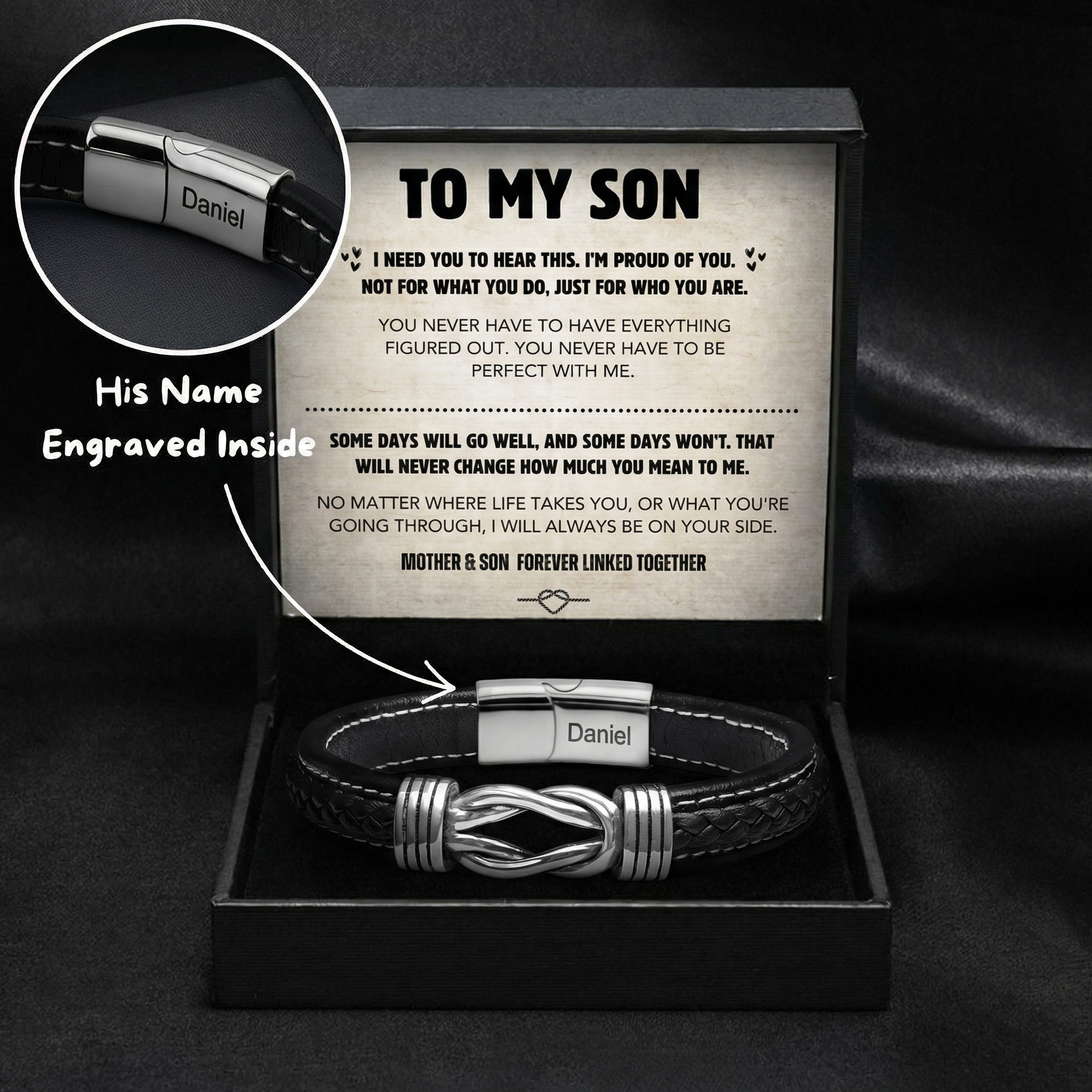 Son's Infinity Knot Armband Geschenkset & Name eingraviert
