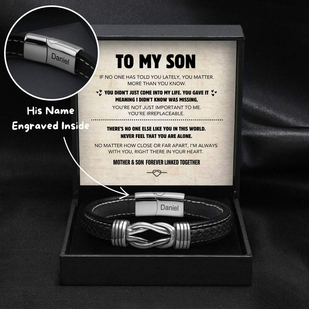 Son's Infinity Knot Armband Geschenkset & Name eingraviert