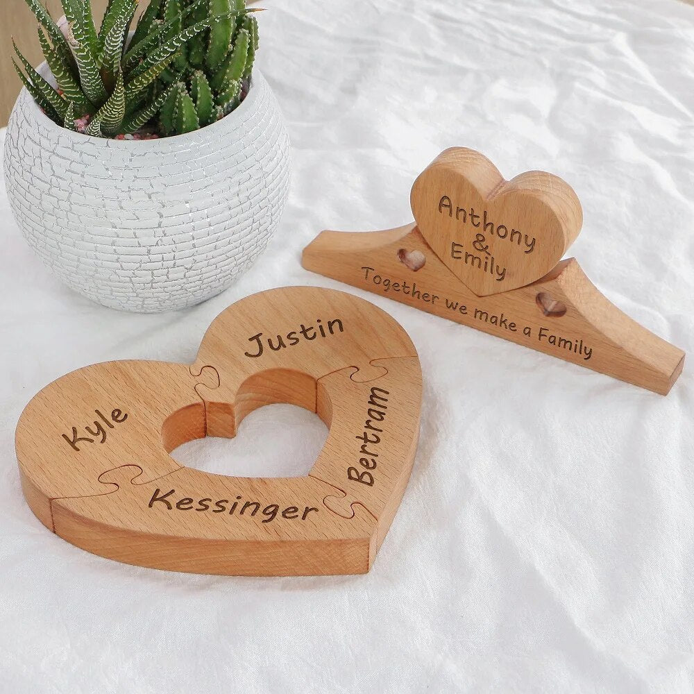 Engraved Wooden Heart Decor of Family Unity