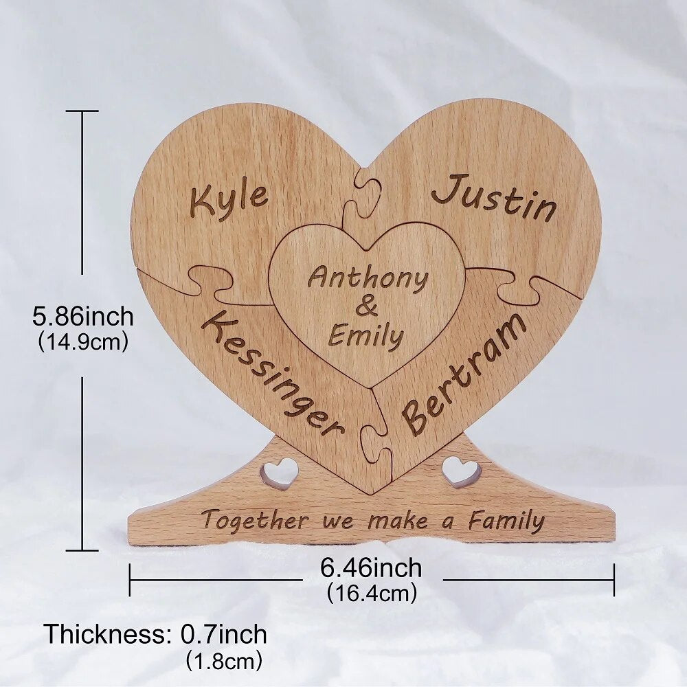 Engraved Wooden Heart Decor of Family Unity