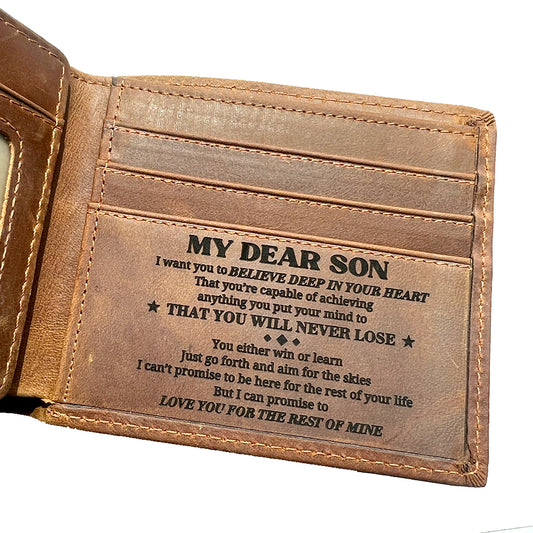 Wallet for son with heartfelt message engraving 