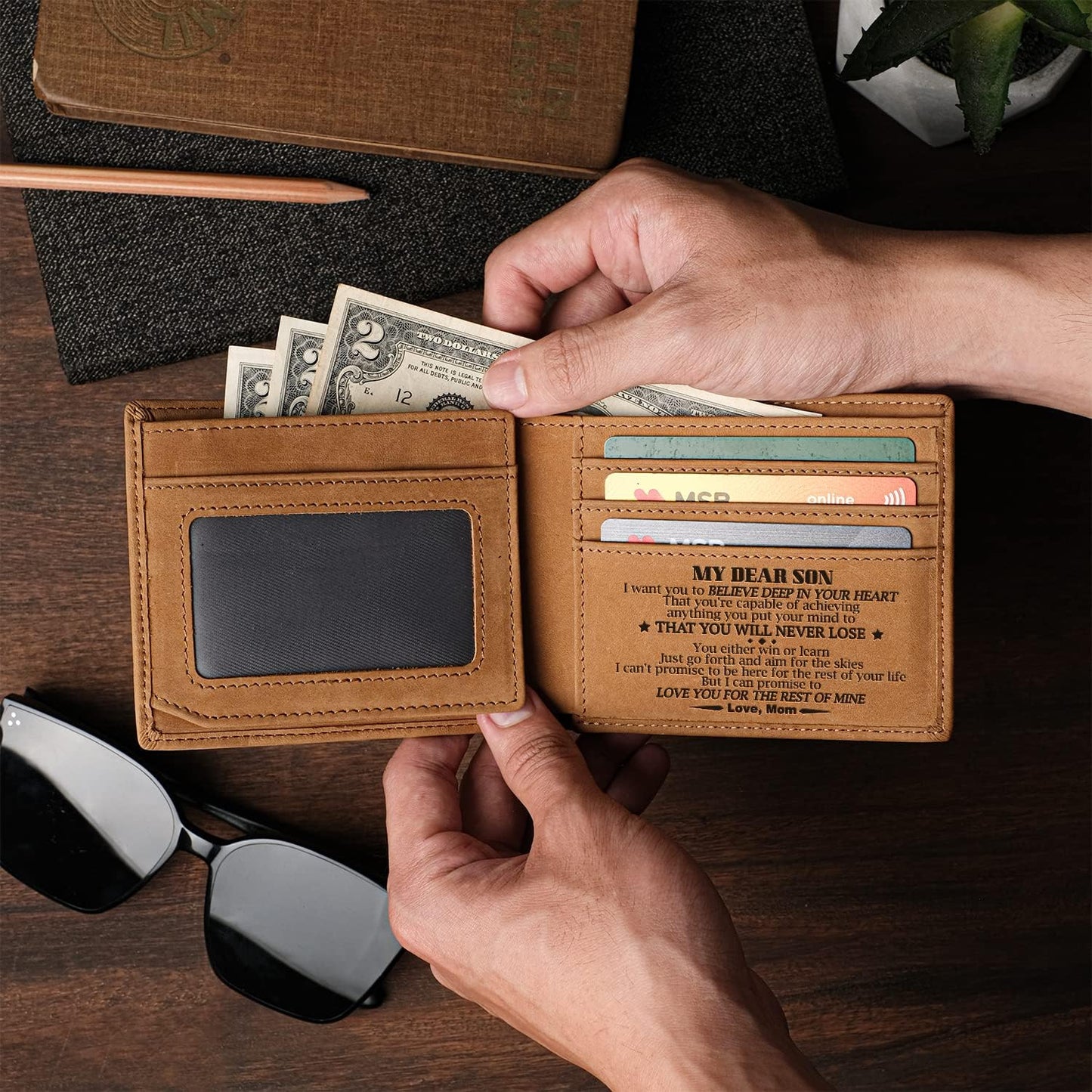 Brown genuine leather Wallet for son with heartfelt message engraving 