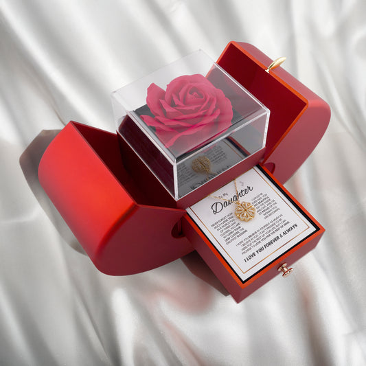 Tochter 4-Blatt Klee "Lucky Charm" Halskette w / Forever Rose Geschenk-Box