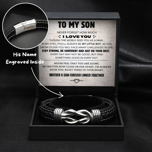 Son's Infinity Knot Armband Geschenk-Set mit eingraviertem Namen