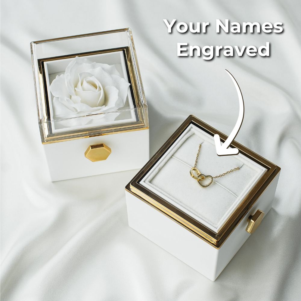 Ineinandergreifende Herzen Halskette mit weißer Forever Rose Box