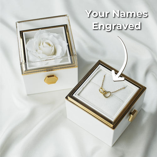 Ineinandergreifende Herzen Halskette mit weißer Forever Rose Box