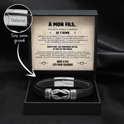 Ensemble Cadeau Bracelet Nœud Infini pour Fils avec Nom Gravé